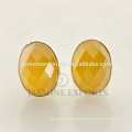 New Fashion 925 Sterling Silver Yellow Chalcedony Gemstone Round Stud Bezel Earrings